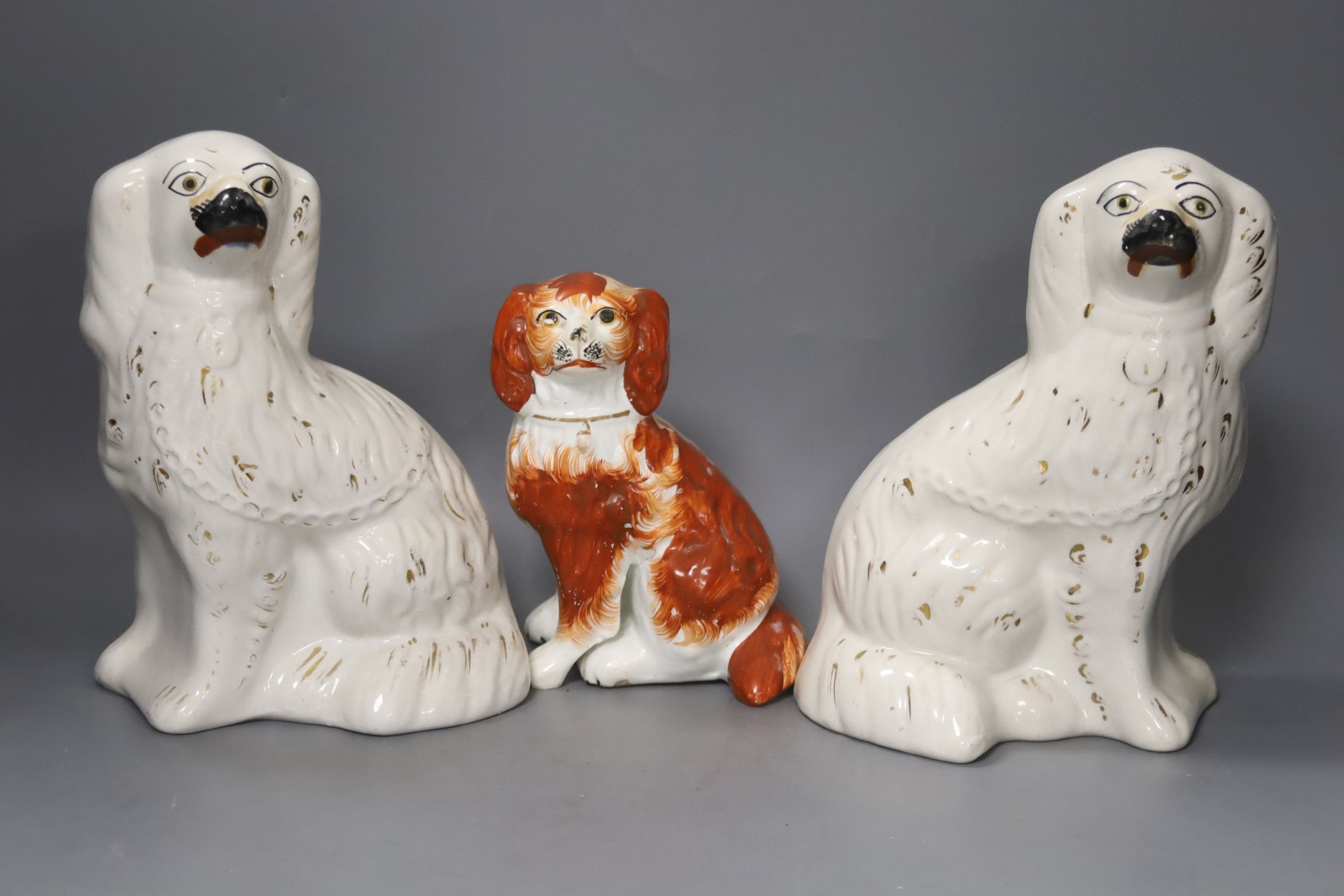 A pair of Staffordshire pottery dogs and various other Staffordshire pottery figures etc